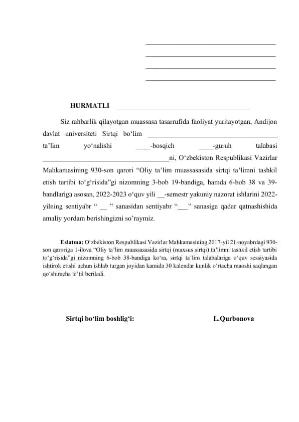 O‘quv yili __-semestr yakuniy nazorat ishlarini amalga oshirish uchun amaliy yordam