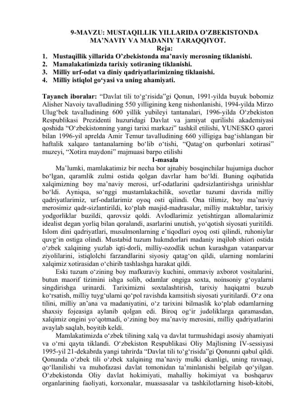 Mustaqillik yillarida O’zbekistonda ma’naviy va madaniy taraqqiyot
