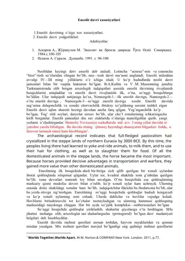 Eneolit davri xususiyatlari