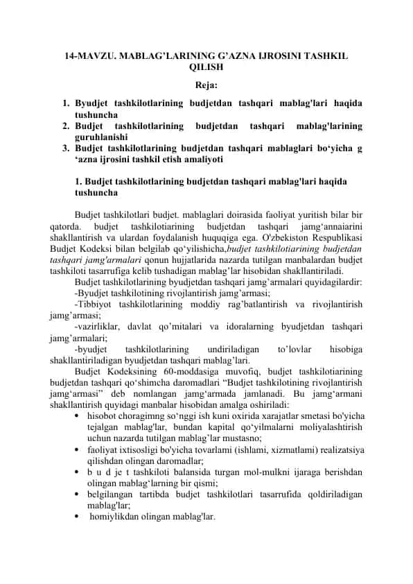 MABLAG’LARINING G’AZNA IJROSINI TASHKIL QILISH