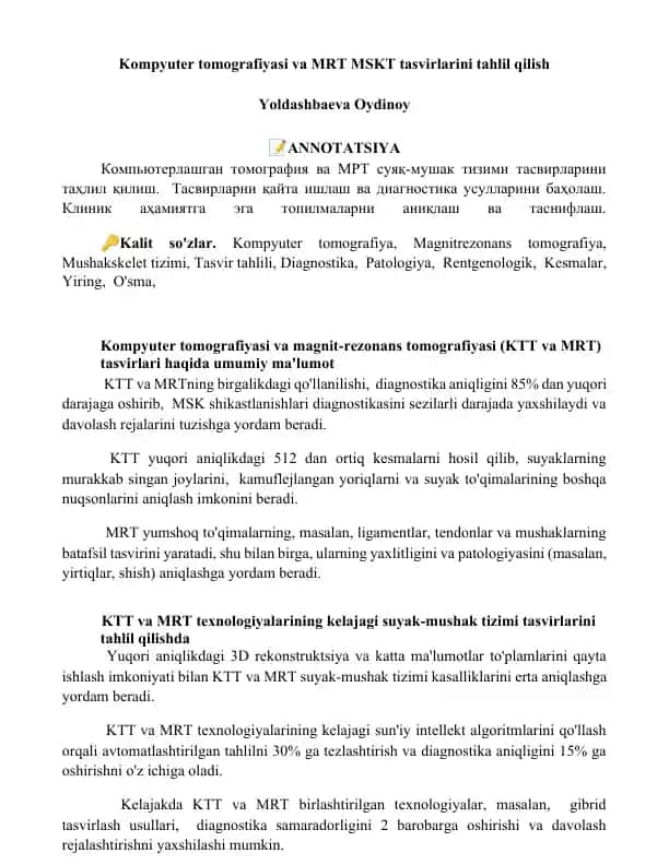 Kompyuter tomografiyasi va magnit-rezonans tomografiyasi tasvirlarini tahlil qilish