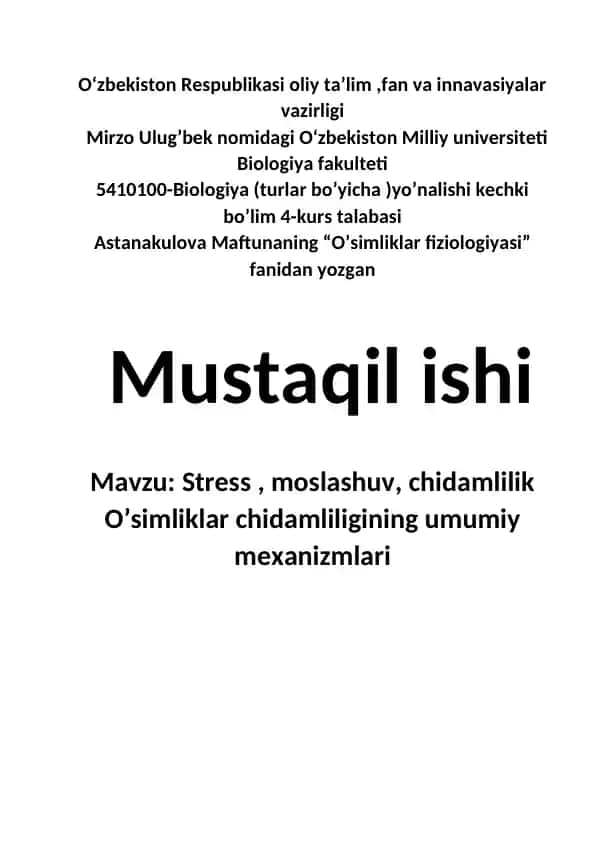 O’simliklar chidamliligining mexanizmlari