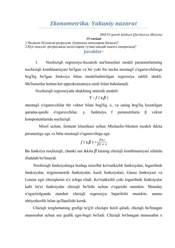 Ekonometrika. Yakuniy nazorat