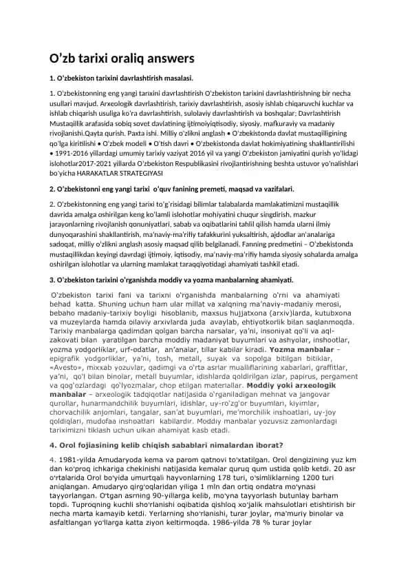 O’zb tarixi oraliq answers