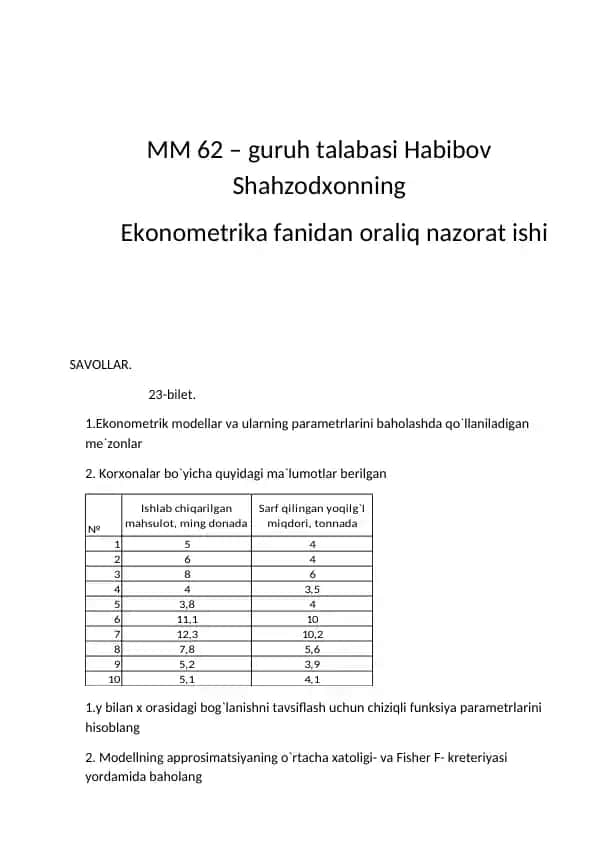 Ekonometrika fanidan oraliq nazorat ishi MM 62