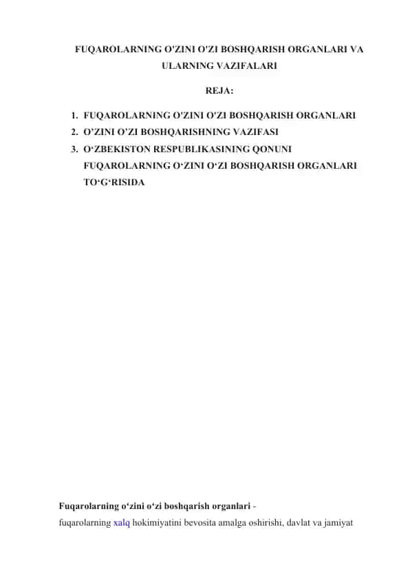 FUQAROLARNING O'ZINI O'ZI BOSHQARISH ORGANLARI VA ULARNING VAZIFALARI