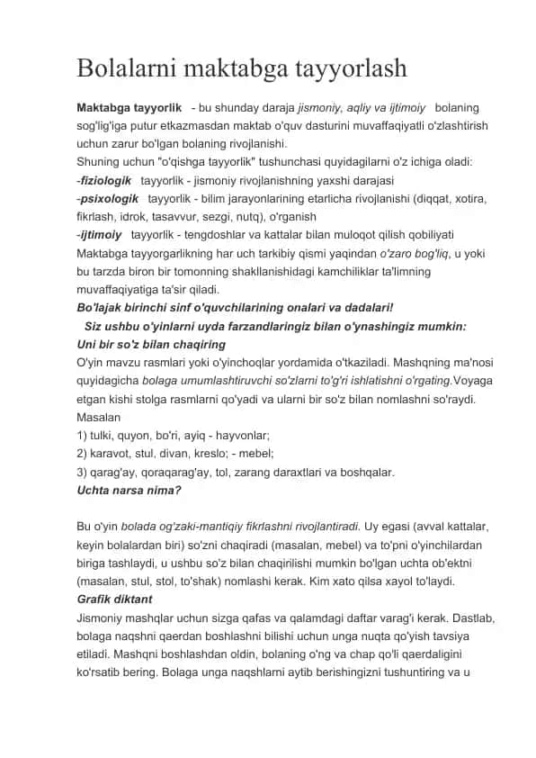 Bolalarni maktabga tayyorlash