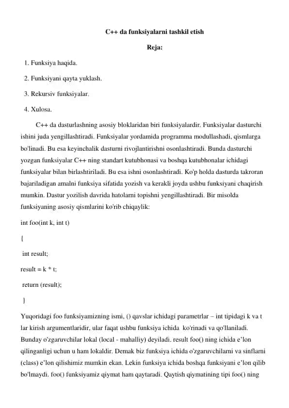 C++ da funksiyalarni tashkil etish