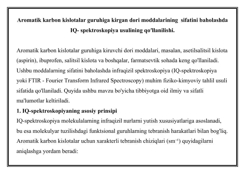 Aromatik karbon kislotalar guruhiga kirgan dori moddalarining sifatini baholashda IQ- spektroskopiya usulining qo′llanilishi