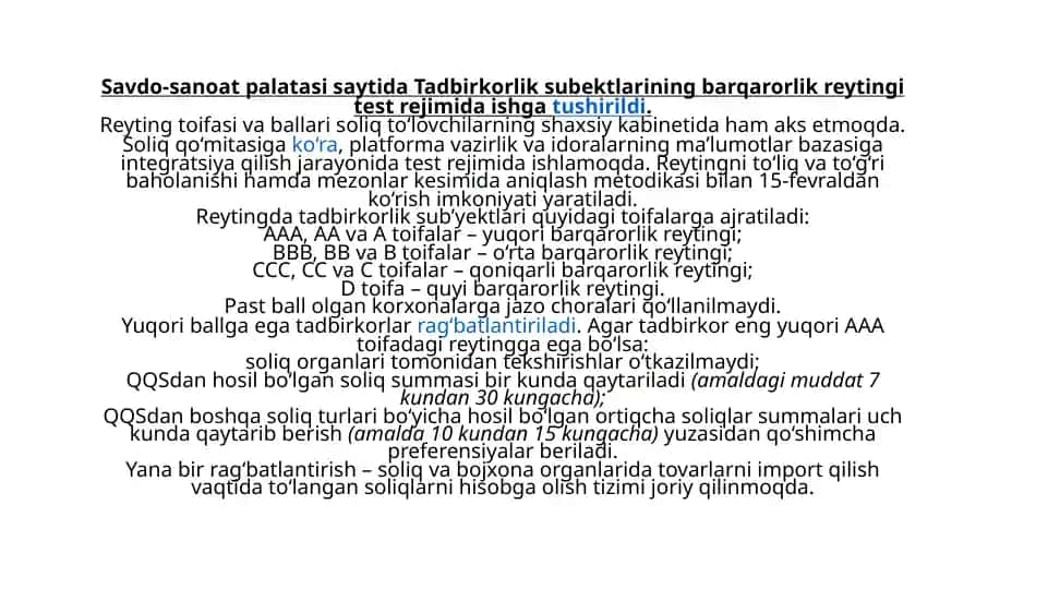 Tadbirkorlik Sub'yektlari Reytingi Testrejimi
