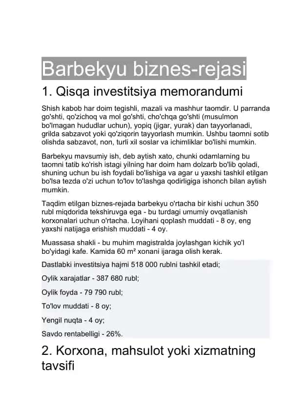 Barbekyu biznes-rejasi
