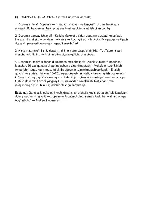 Dopamin va motivatsiya (Andrew Huberman asosida)