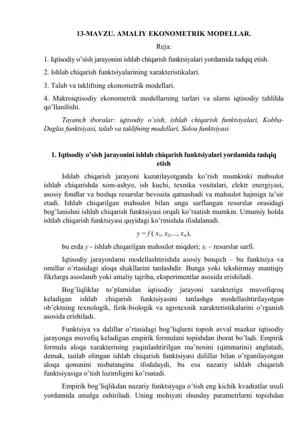 Amaliy Ekonometrik Modellar