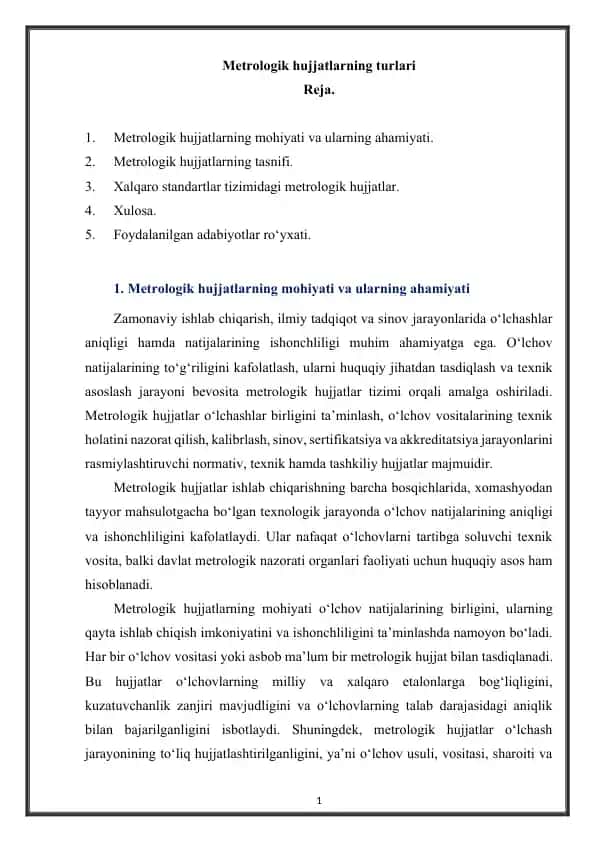 Metrologik hujjatlarning turlari