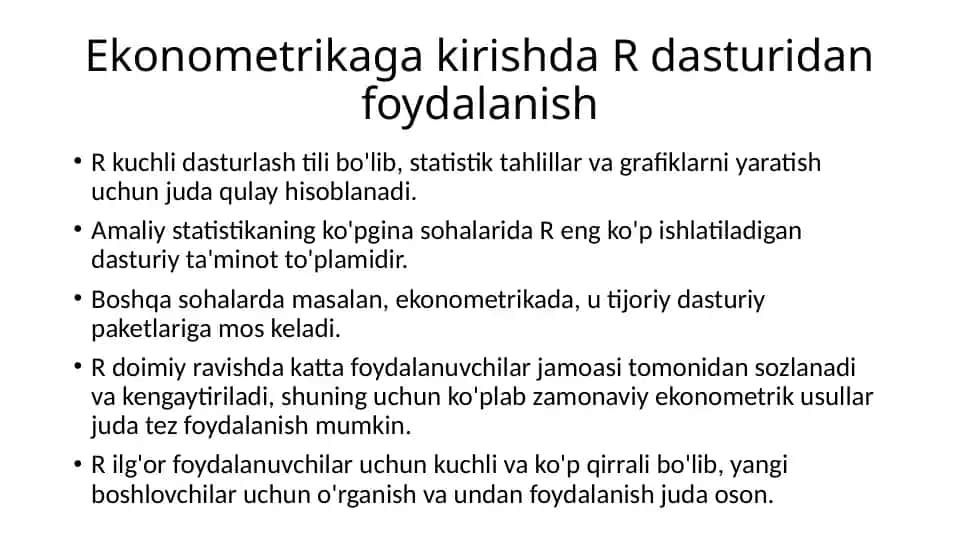 Ekonometrikaga kirishda R dasturidan foydalanish