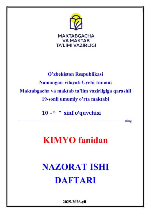 10-sinf Kimyo fanidan Nazorat ishi daftari 2025-2026-yil uchun maxsus