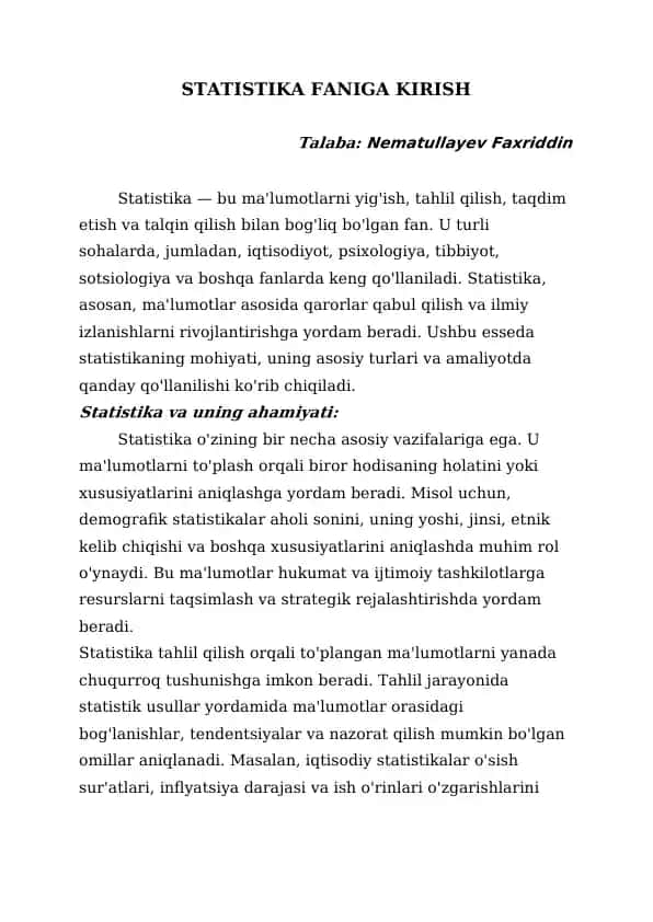 STATISTIKA FANIGA KIRISH