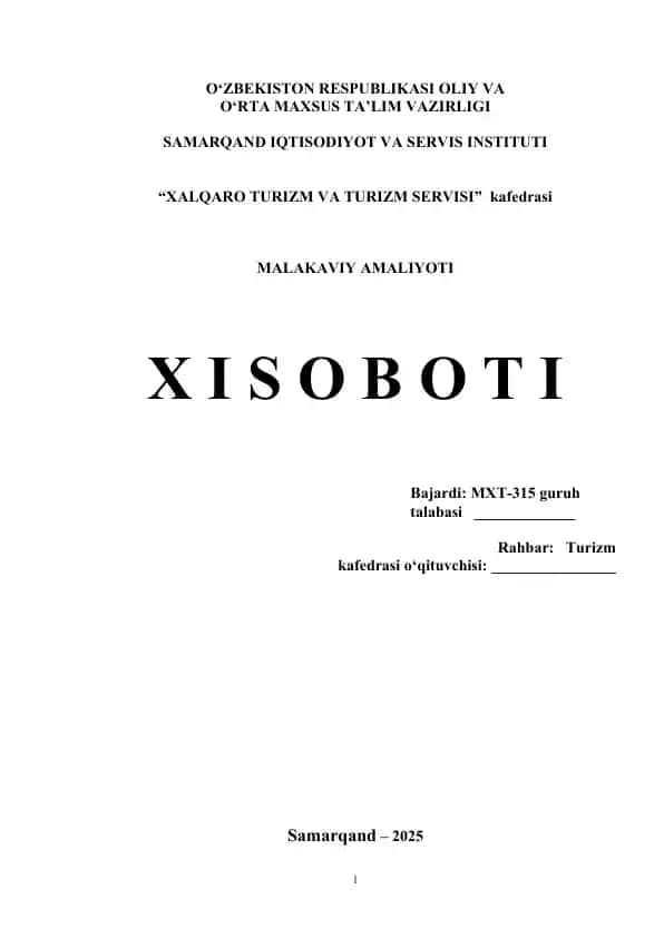 Turizm sohasi mavzusidagi malakaviy amaliyot
