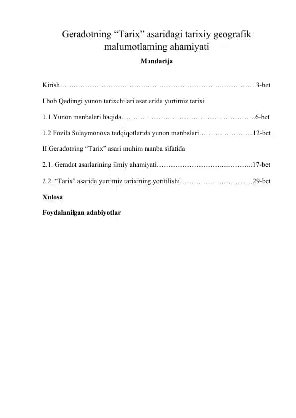 Geradotning “Tarix” asaridagi tarixiy geografik malumotlarning ahamiyati