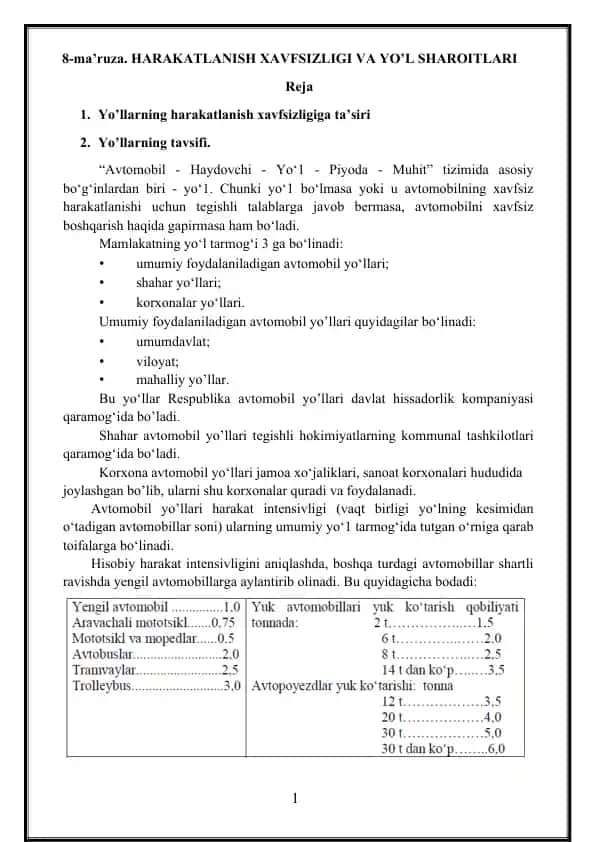 HARAKATLANISH XAVFSIZLIGI VA YO’L SHAROITLARI