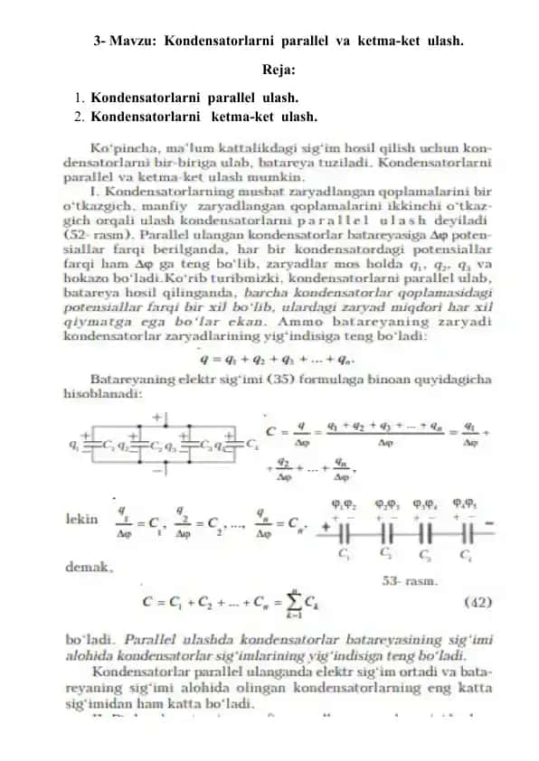 Kondensatorlarni parallel va ketma-ket ulash