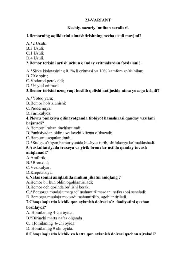 Kasbiy-nazariy imtihon savollari