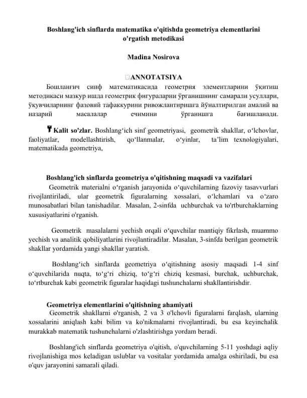 Boshlang'ich sinflarda matematika o'qitishda geometriya elementlarini o'rgatish metodikasi
