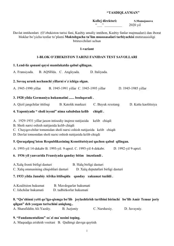 O'zbekiston tarixi fanidan testlar to'plami