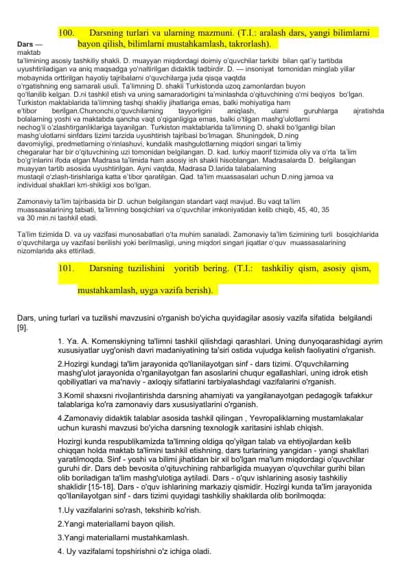 Darsning turlari va ularning mazmuni.