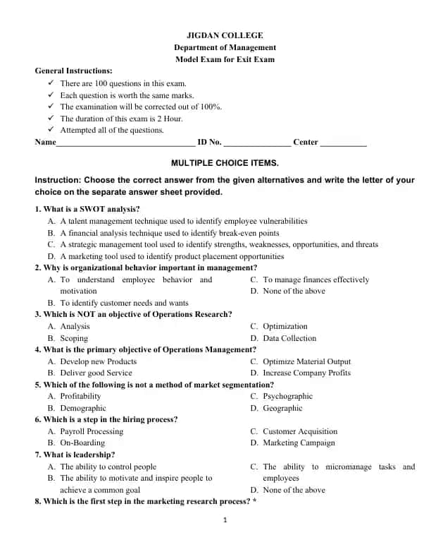 Model Exam for Exit Exam