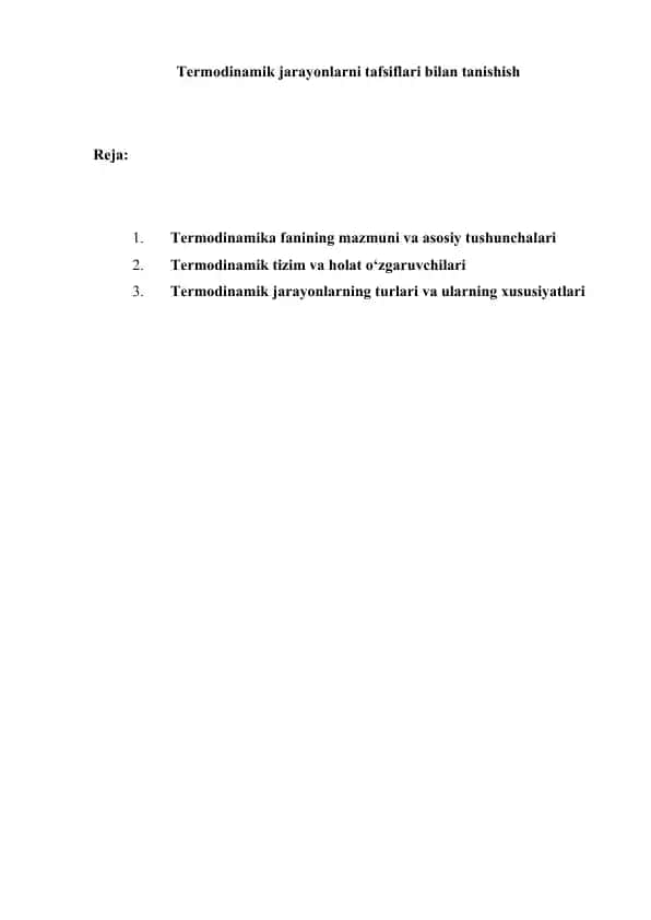 Termodinamik jarayonlarni tafsiflari bilan tanishish