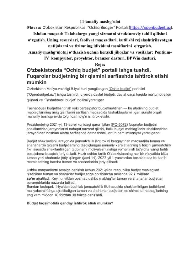 "Ochiq Budjet Portalining Tavsifi"