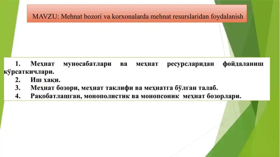 Mehnat bozorlari va korxonalarda mehnat resurslaridan foydalanish