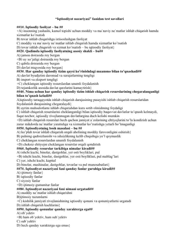 Iqtisodiyot nazariyasi fanidan test savollari va javoblari 400 ta est savollari va javoblari 400 ta