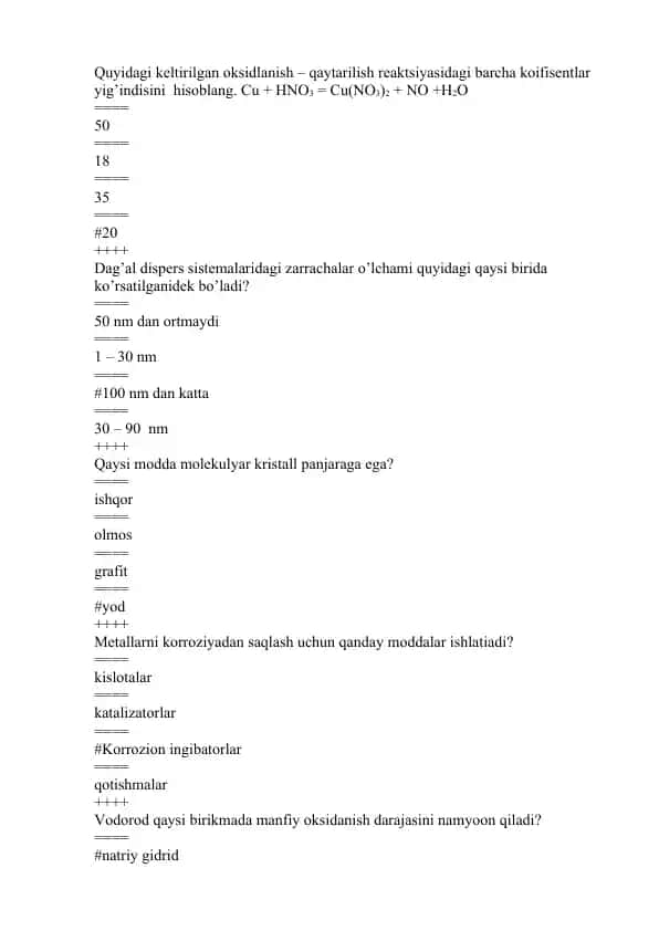 Oksidlanish reaktsiyalari jadvali