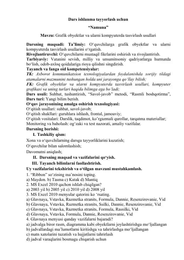 Dars ishlanma tayyorlash uchun "Namuna"