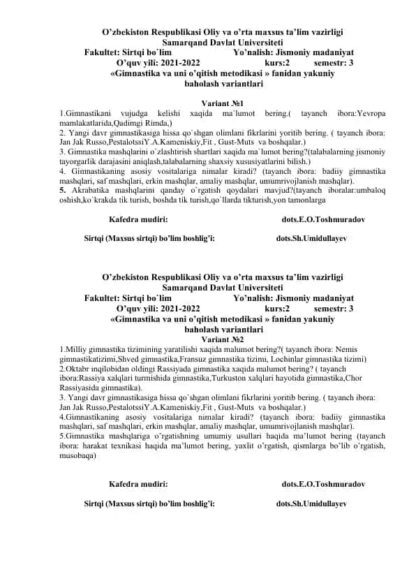 Gimnastika va uni o’qitish metodikasi