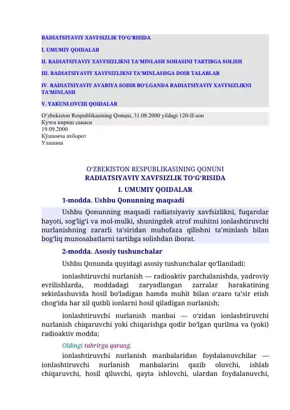 RADIATSIYAVIY XAVFSIZLIK TO‘G‘RISIDA