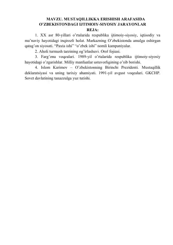 O'zbekistonning Mustaqilligi va Ijtimoiy-Siyosiy Jarayonlar