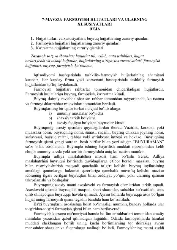 Farmoyish hujjatlari va ularning xususiyatlari