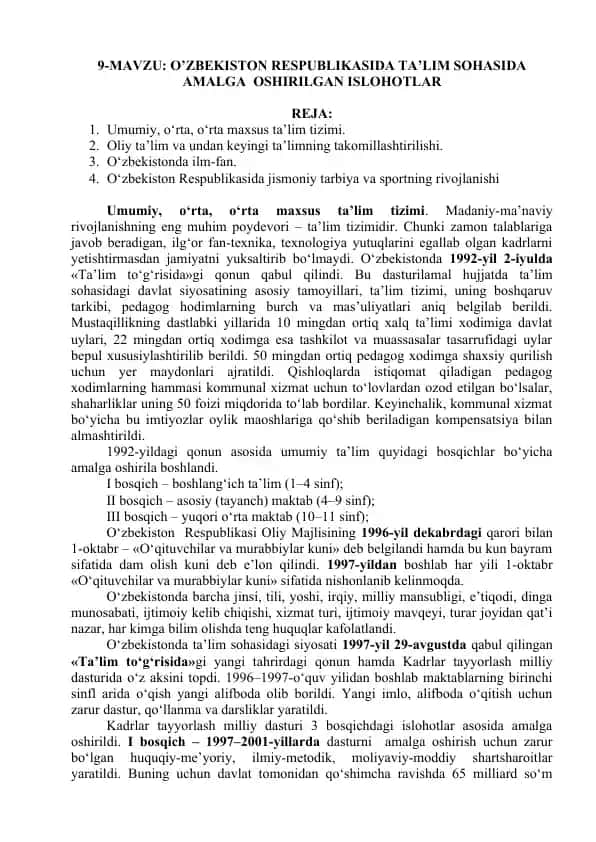 O‘zbekiston Respublikasida Ta'lim Sohasida Amalg'a Oshirilgan Ishlari