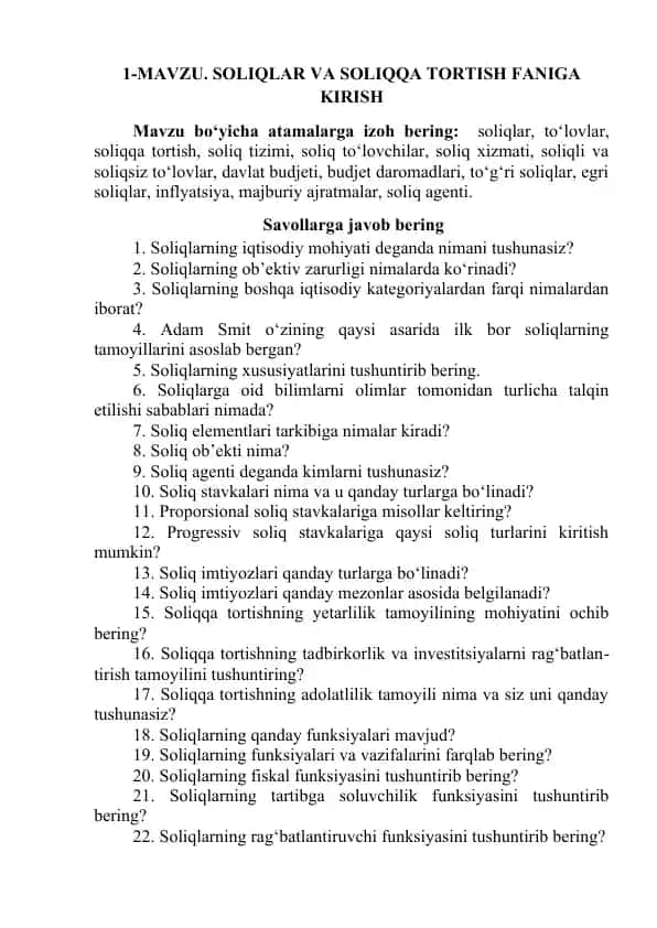 Soliqlar va soliqqa tortish faniga kirish