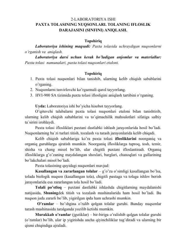 Laboratoriya ishi: Paxta tolasining nuqsonlari