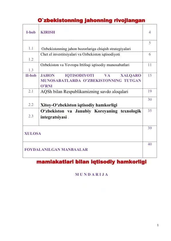 O'zbekistonning jahonning rivojlangan mamlakatlari bilan iqtisodiy hamkorligi