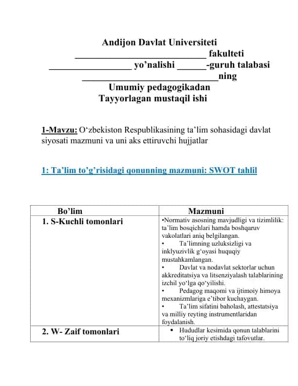 O‘zbekiston Respublikasining ta’lim sohasidagi davlat siyosati