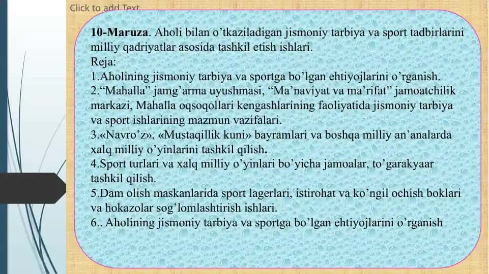 Aholi bilan o’tkaziladigan jismoniy tarbiya va sport tadbirlarini milliy qadriyatlar asosida tashkil etish ishlari