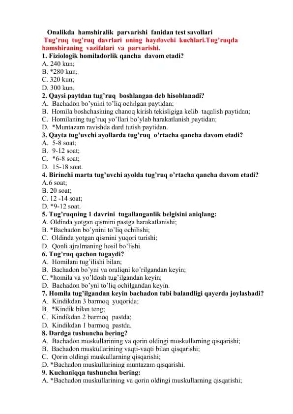 Onalikda hamshiralik parvarishi fanidan test savollari