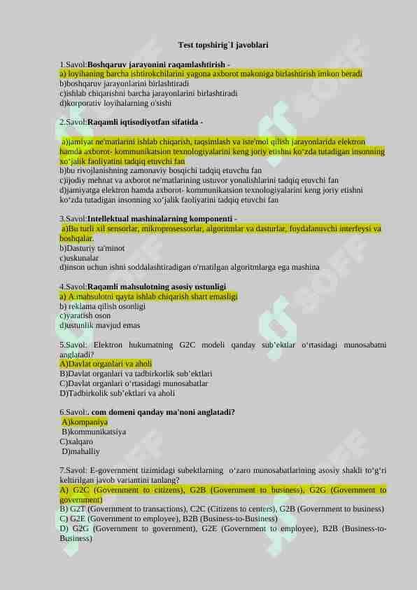 elektron hukumat fanidan yakuniy savollar javoblar bilan