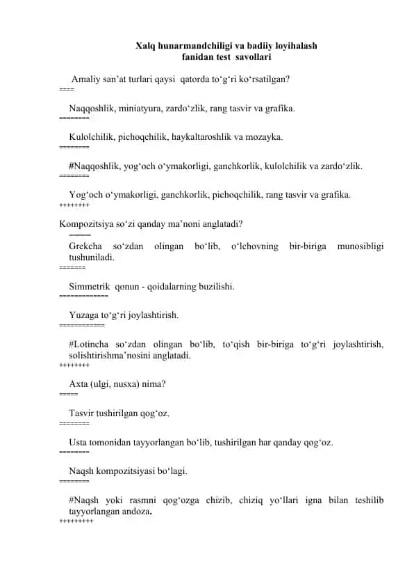 Xalq hunarmandchiligi va badiiy loyihalash fanidan test savollari