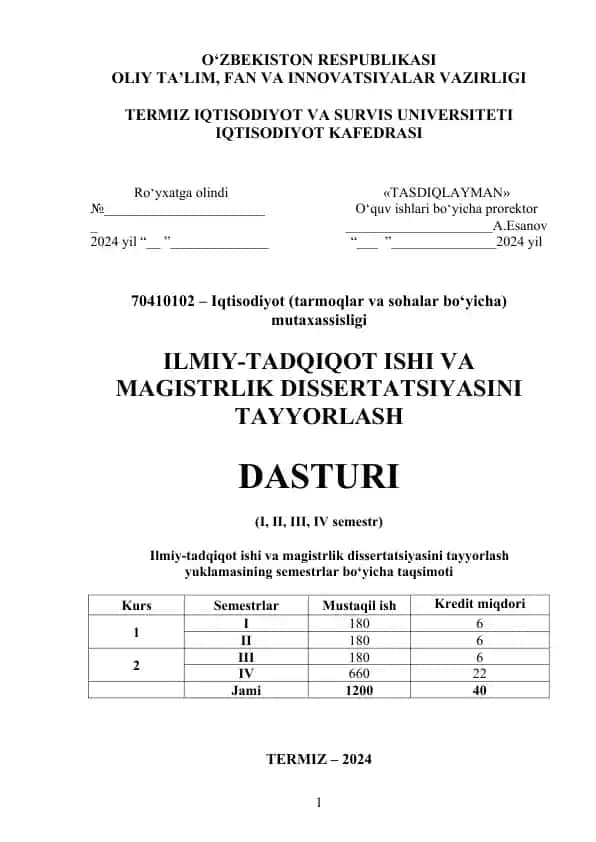 Ilmiy-tadqiqot ishi va magistrlik dissertatsiyasini tayyorlash dasturi